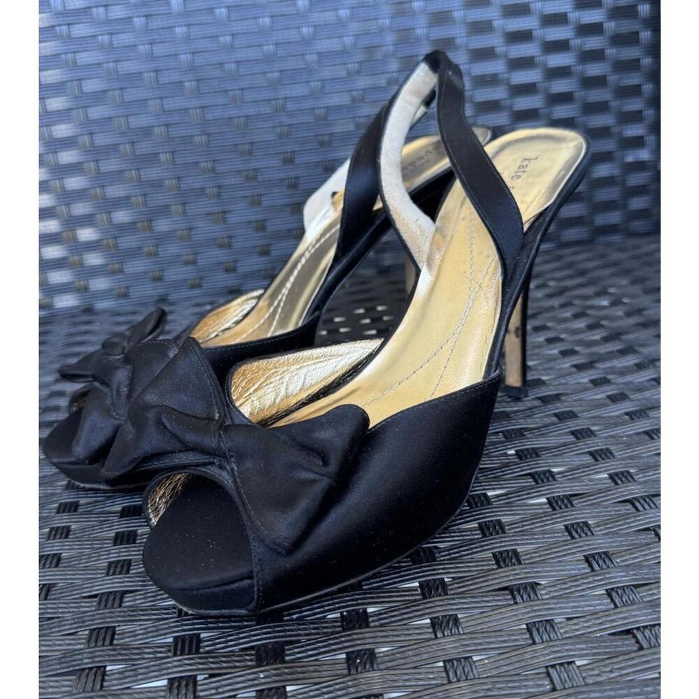 Kate Spade Black Satin Open Toe Slingback Bow Heels Sz 8.5 Made In Italy